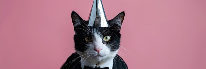 Tuxedo cat wearing a tin foil party hat