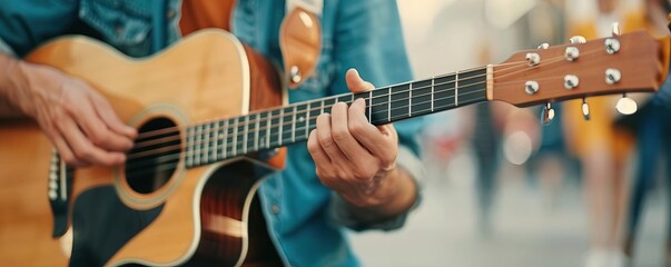 A street musician playing guitar, with people around him watching and enjoying, spontaneous and heartfelt, Candid Moments, editorial photography, empty space for text on side