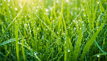 Obraz premium Early morning sunlight glistens on dew drops resting on vibrant green grass in a peaceful natural environment.