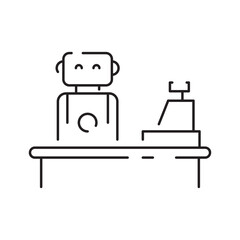 The grocery store cashier stands at the checkout with a linear icon