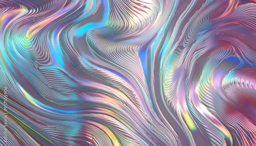 Poster abstract iridescent waves. fluid harmony of pastel blues, pinks, and purples. dynamic and organic fl
