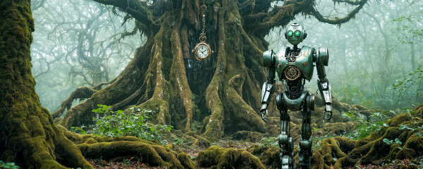 Naklejka premium A green robot with intricate mechanical details stands next to a large tree in a foggy forest setting.
