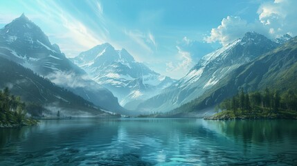 lake view surrounded by beautiful mountains. poster, wallpaper, travel