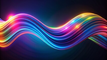 Vibrant iridescent neon curved wave undulates in mesmerizing motion against dark background, its fluid 3D holographic form shifting colors in a mesmerizing gradient design element.