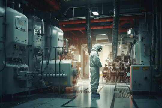 Person in hazmat suit with gas mask in industrial facility, concept of safety and protection