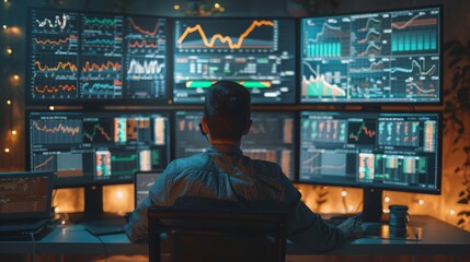 Obraz premium Investor analyzing diverse portfolio on multiple screens, comprehensive strategy