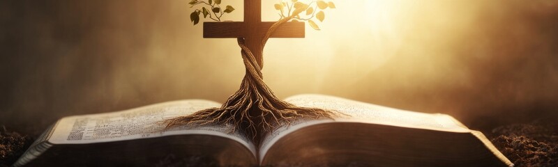 Rooted in Faith: The Foundation of Belief with a Cross Intertwined with Roots on an Open Bible, Symbolizing Deep Spiritual Roots and an Enduring Connection to Christian Doctrine.