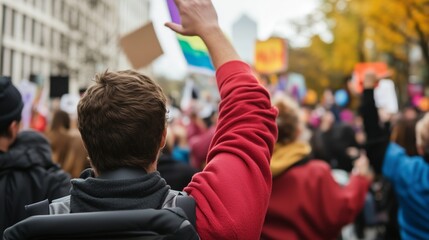 Fototapeta premium Back view of a Caucasian person in red raising hand at outdoor protest with colorful signs