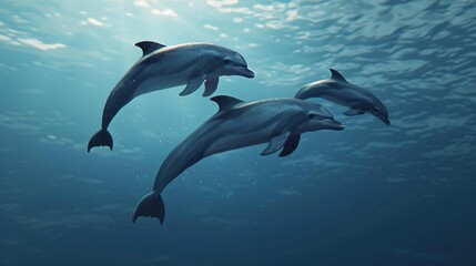 Naklejka premium Dolphins playing in the ocean currents, demonstrating dynamic marine behavior, Underwater Life, editorial photography, empty space for text on left