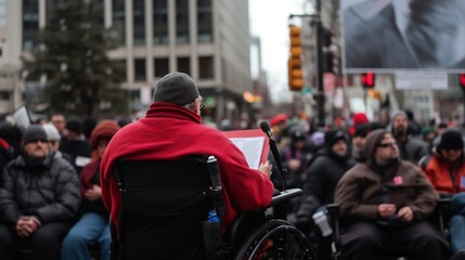 Man in wheelchair speaking at city protest with microphone and red sweater