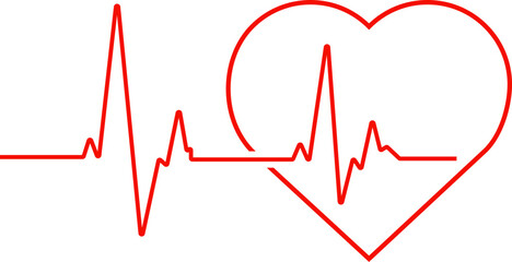 Heartbeat red line and big stylized red heart outline vector illustration