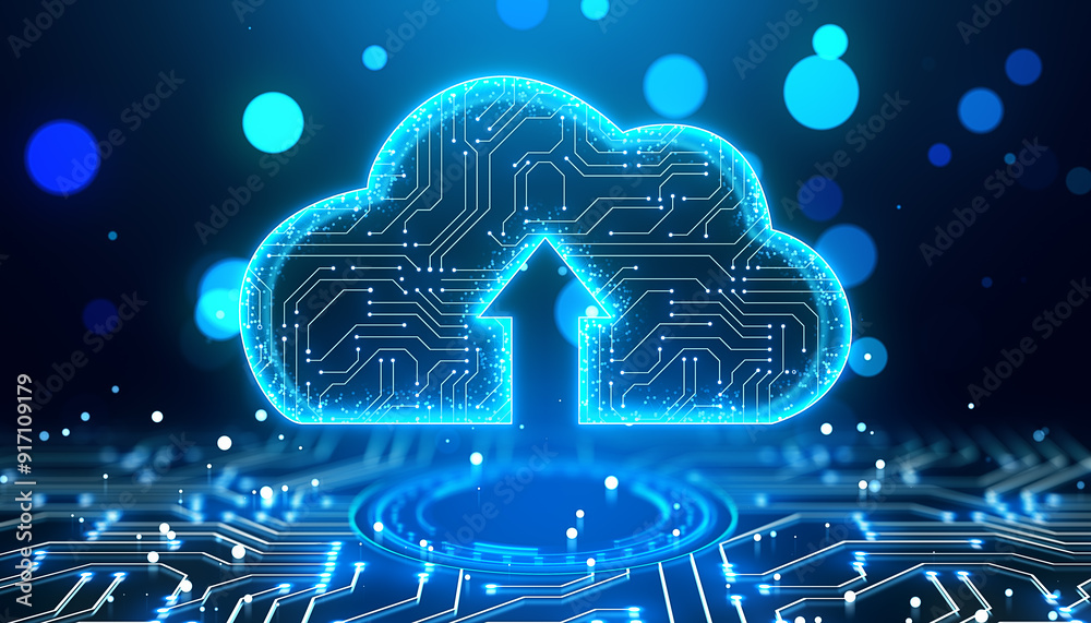 Poster Glowing Cloud Technology Icon with Upload Arrow on Futuristic Background. 3D Rendering