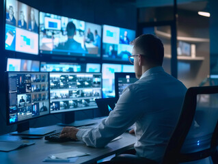 Fototapeta premium A man is sitting in front of a computer monitor with multiple screens
