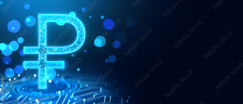 Aufkleber Digital Ruble Sign on Cyber Background with Circuit Lines and Bokeh Effect. 3D Rendering