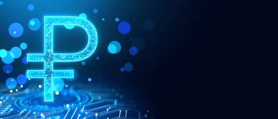 Digital Ruble Sign on Cyber Background with Circuit Lines and Bokeh Effect. 3D Rendering