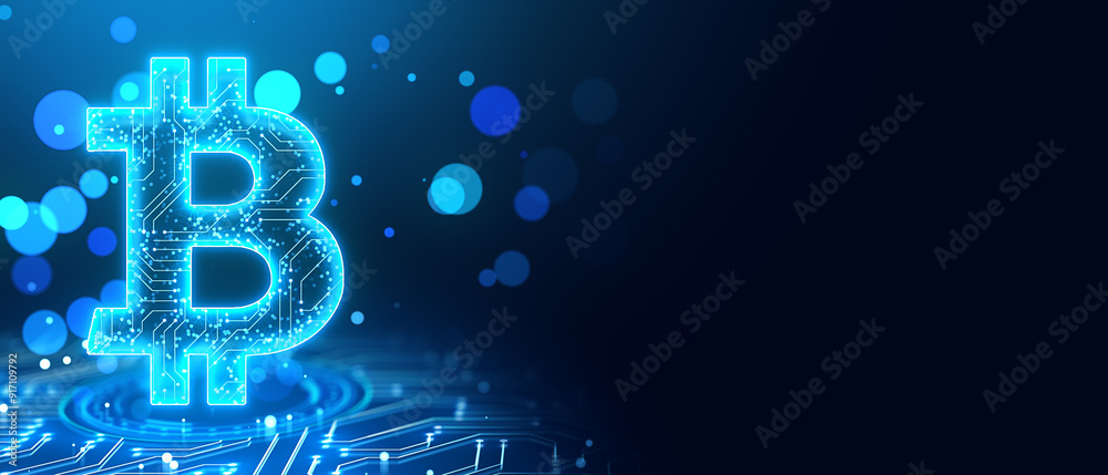 Poster Neon Bitcoin symbol with circuit lines on dark blue background. 3D Rendering