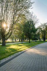 Early morning sunlight filters through trees in a tranquil public park walkway