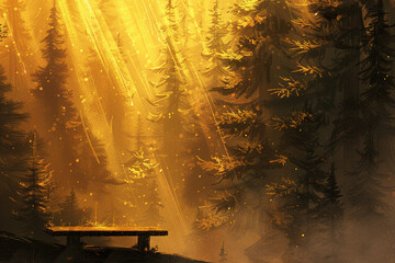 Golden Light Filtering Through Trees in Forest