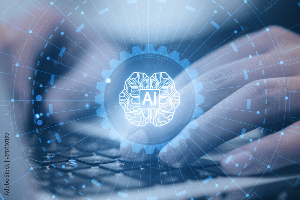 Leinwandbilder ai technology concept with neural network symbol and hand typing on keyboard.