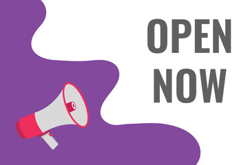 open now button, banner, label, template for website. open now text with colorful megaphone icon
