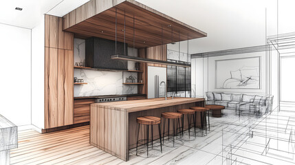 Home house apartment design sketch contemporary luxurious cozy modern wooden kitchen living room area construction interior architect drawing furniture