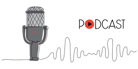 Continuous one line drawing of podcast microphone. Suitable for banner music, webinar, online training. Vector illustration