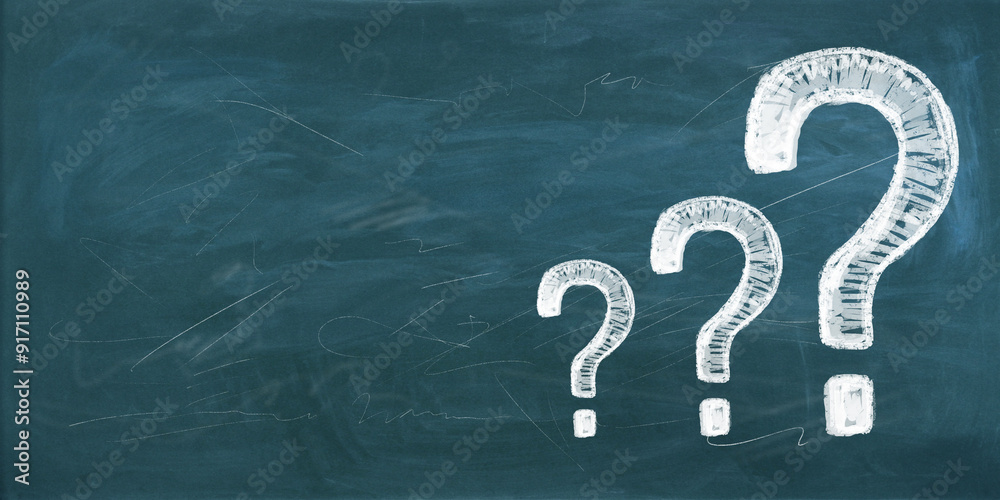 Poster Chalkboard with three large question marks in white chalk on a green background.