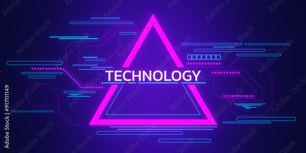 Aufkleber Neon triangle with technology text and abstract lines on dark background. 3D Rendering