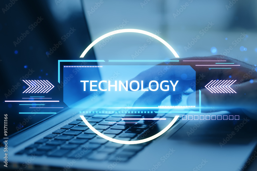 Poster Futuristic concept of technology with a hand typing on a laptop keyboard.