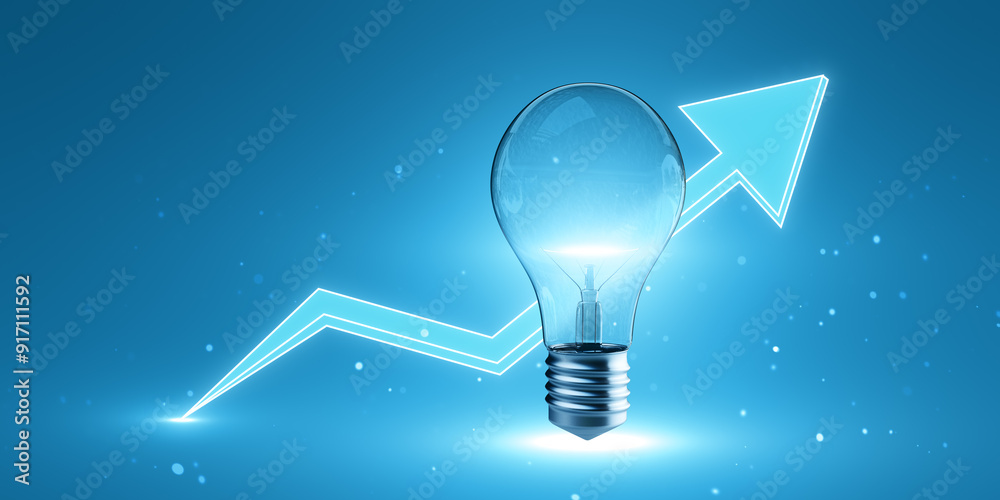 Poster Lightbulb with Upward Arrow on Blue Background. 3D Rendering