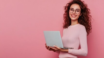 Naklejka premium portrait of an SMM woman on a pink background