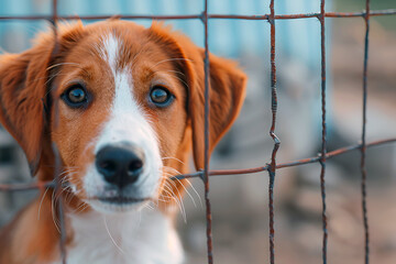 Sad brown white puppy in animal shelter behind bars in a cage, waiting for adoption and a loving home