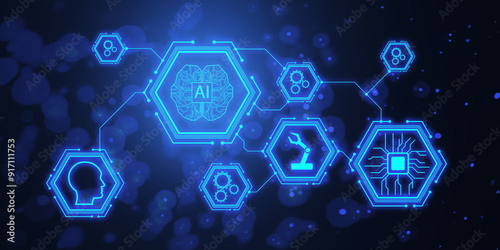 Aufkleber Digital AI and Machine Learning Network Illustration on Dark Background. 3D Rendering