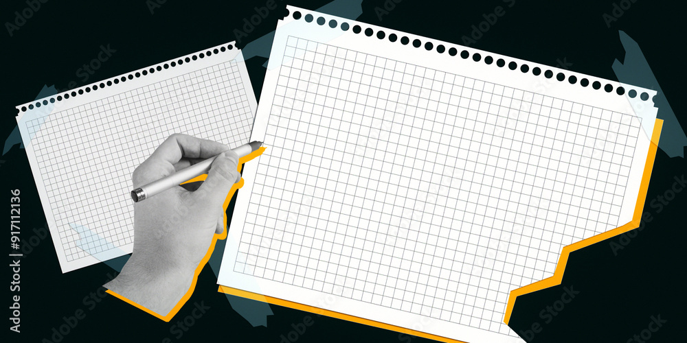 Poster blank graph paper sheets with a hand holding a pen on a dark background.