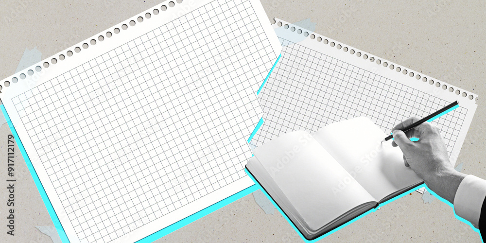 Poster blank graph papers and a hand writing in notebook on beige background.