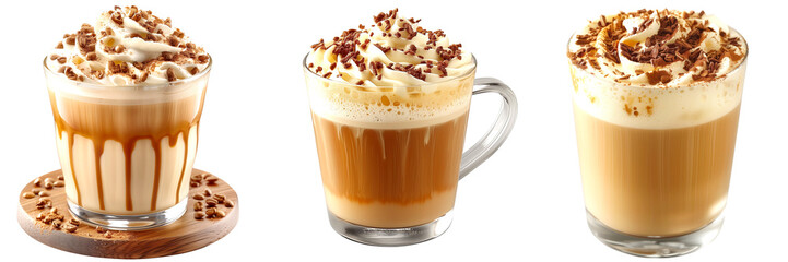 Set of 3 Vanilla Latte on a Transparent Background, drink, beverage, coffee, hot, ice, cocktail, alcoholic, smoothie, party, bar, juice, pub, png file, cut off bg, 300 dpi