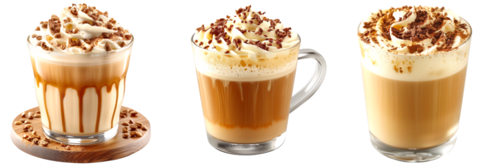 Set of 3 Vanilla Latte on a Transparent Background, drink, beverage, coffee, hot, ice, cocktail, alcoholic, smoothie, party, bar, juice, pub, png file, cut off bg, 300 dpi