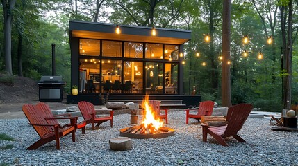 gravel area with wooden stick folding chairs, fire pit coocking meat, hanging bulbs lights, modern contemporary steel cabin in the wood on the background with big glass windows with trees reflection,