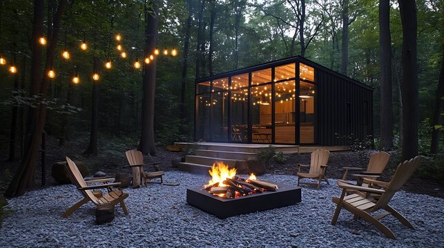 gravel area with wooden stick folding chairs, fire pit coocking meat, hanging bulbs lights, modern contemporary steel cabin in the wood on the background with big glass windows with trees reflection,