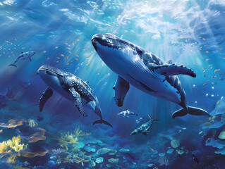 Marine animals swimming background illustration