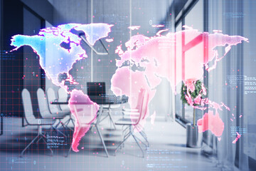 World map overlay with technology elements in modern office setting.