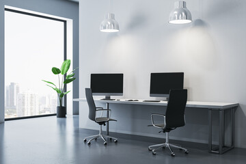 Modern office space with two desks and large window overlooking the city. 3D Rendering