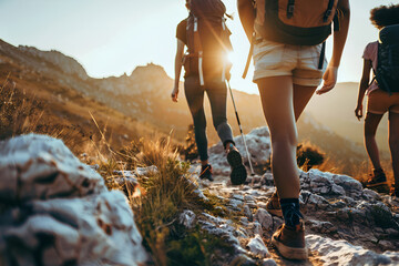 Hikers trekking up a sunlit mountain trail at dawn