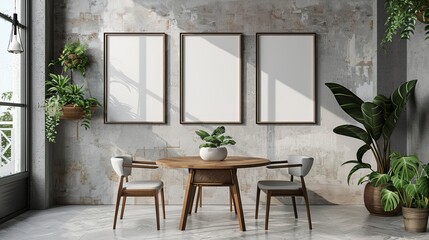 Mockup blank frames, Modern dining room with round wooden table and decorated with plants