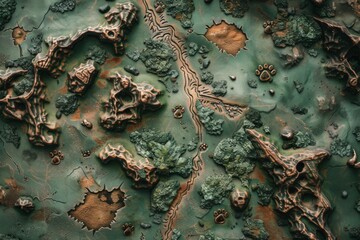 A fantasy map with whimsical locations and a trail marked by paw prints Hyper realistic. Shot with canon 5d Mark III --ar 3:2 --style raw Job ID: ed0ec92d-5e91-448c-ba80-cb34c0f350bd