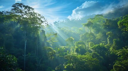 Serene Lush Forest Under a Pristine Blue Sky, Signifying a Protected Ozone Layer with Sunlight Filtering Through Canopy