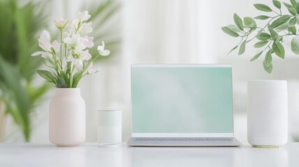 Fototapeta premium Minimalist Workspace with Laptop and Flowers