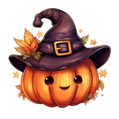 Cute Halloween Pumpkin illustration with Witch Hat and surrounded by Autumn Leaves