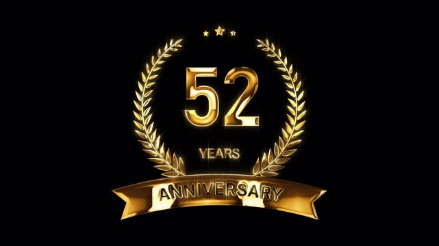 52nd Anniversary Celebration. Happy 52 Years Anniversary Animation in Gold Color on the Transparent Background, Alpha Channel. Great for greetings, celebrations, events, and gifts.
