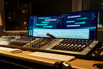 Obraz premium Audio mixing and recording being done with high-end studio gear, featuring multiple screens and mixing consoles in well-lit professional recording studio
